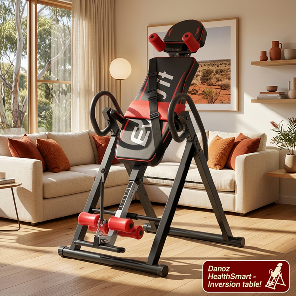 A Danoz HealthSmart inversion table for home gym, shown in a staged living room setting with a beige sofa, wooden floors, and a window in the background.