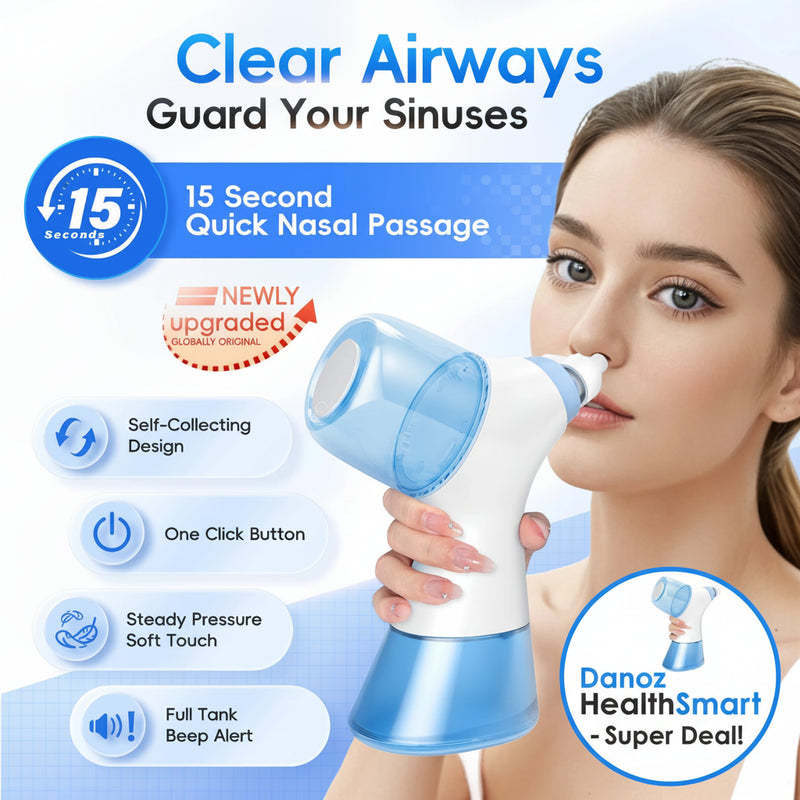 Nasal cleaning device with a woman using it, labeled 'Clear Airways' and 'Guard Your Sinuses'.