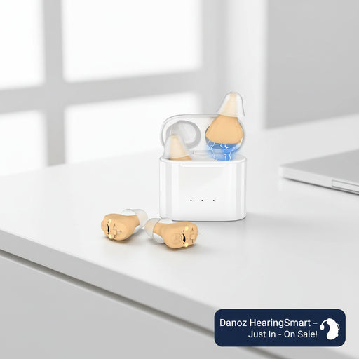 Set of hearing aids with a charging case on a white background