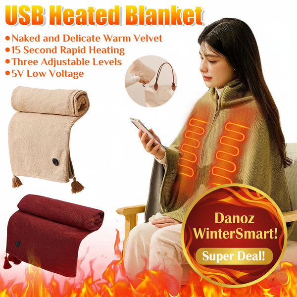 USB heated blanket with woman using smartphone, showing features and design.