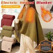 Electric heated blanket with heating levels displayed, person holding a cup, and close-up of heating elements.