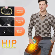 Man wearing a checkered sweater with a hip support cushion, featuring text on control, tape, and design.
