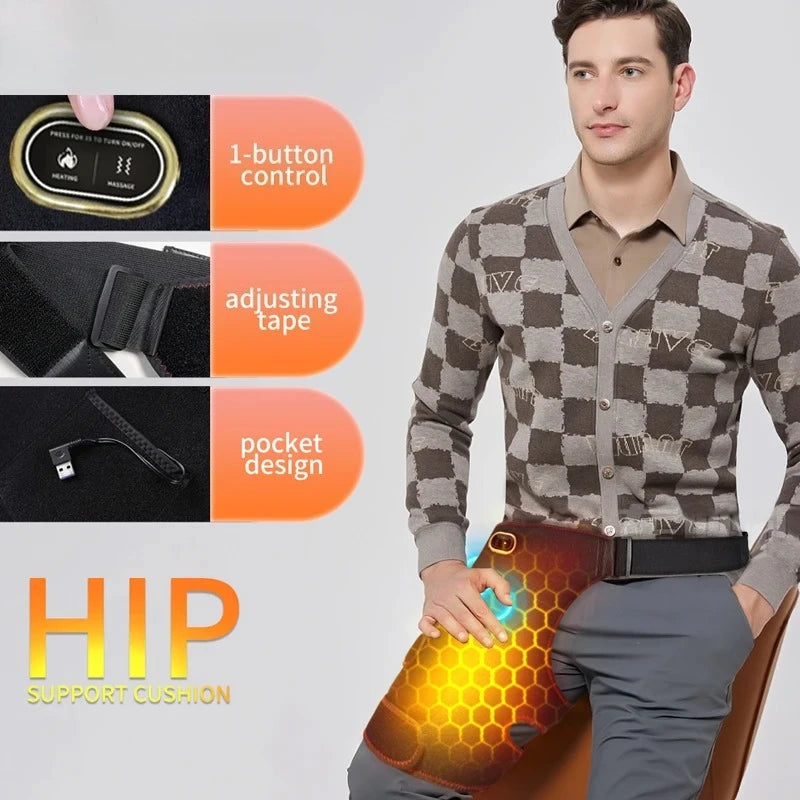 Man wearing a checkered sweater with a hip support cushion, featuring text on control, tape, and design.