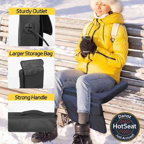 Person sitting on a USB heated portable seat in the snow with features highlighted.