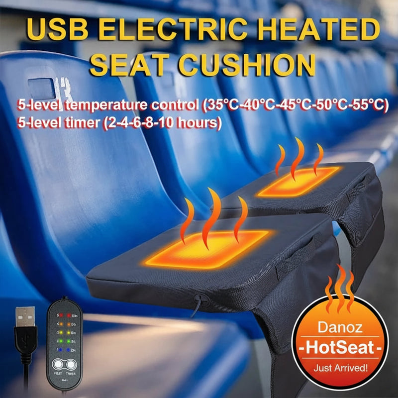 USB electric heated seat cushion with temperature control and timer on a blue seat background