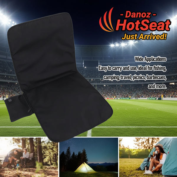 Black cushion with text about its wide applications, shown with outdoor scenarios.