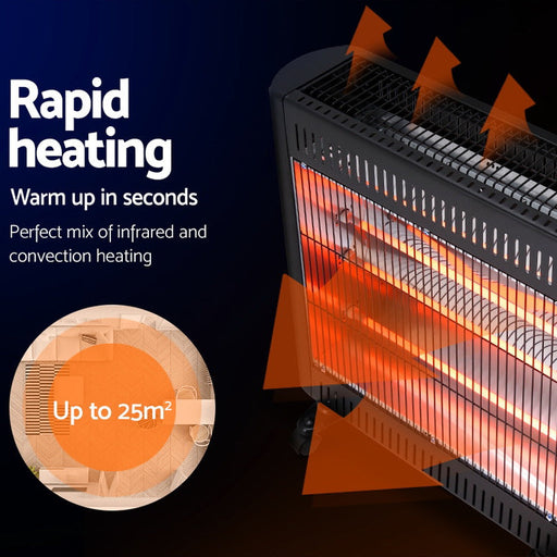 Portable heater with text highlighting rapid heating capabilities and area coverage.
