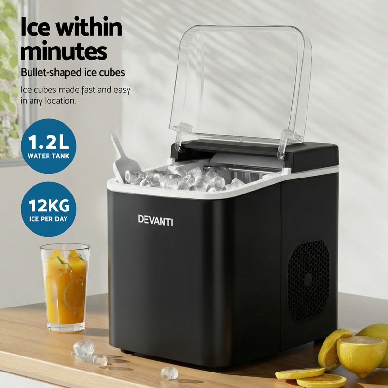 Danoz Appliances Devanti Ice Maker Machine Portable 12kg Countertop w/Self Cleaning 1.2L Black