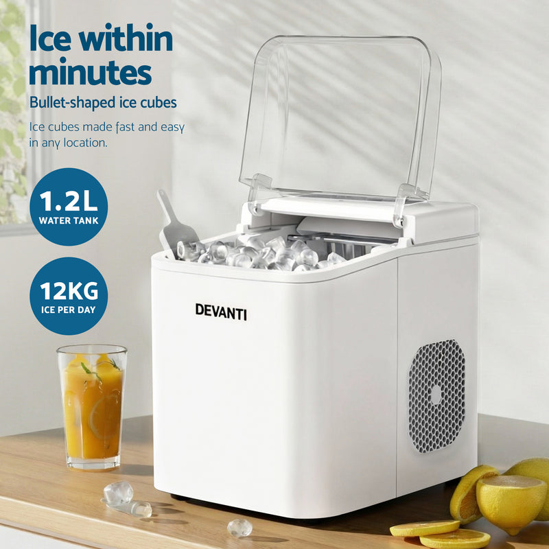 Danoz SmartAppliances, Devanti Ice Maker Machine Portable 12kg Countertop w/Self Cleaning 1.2L White