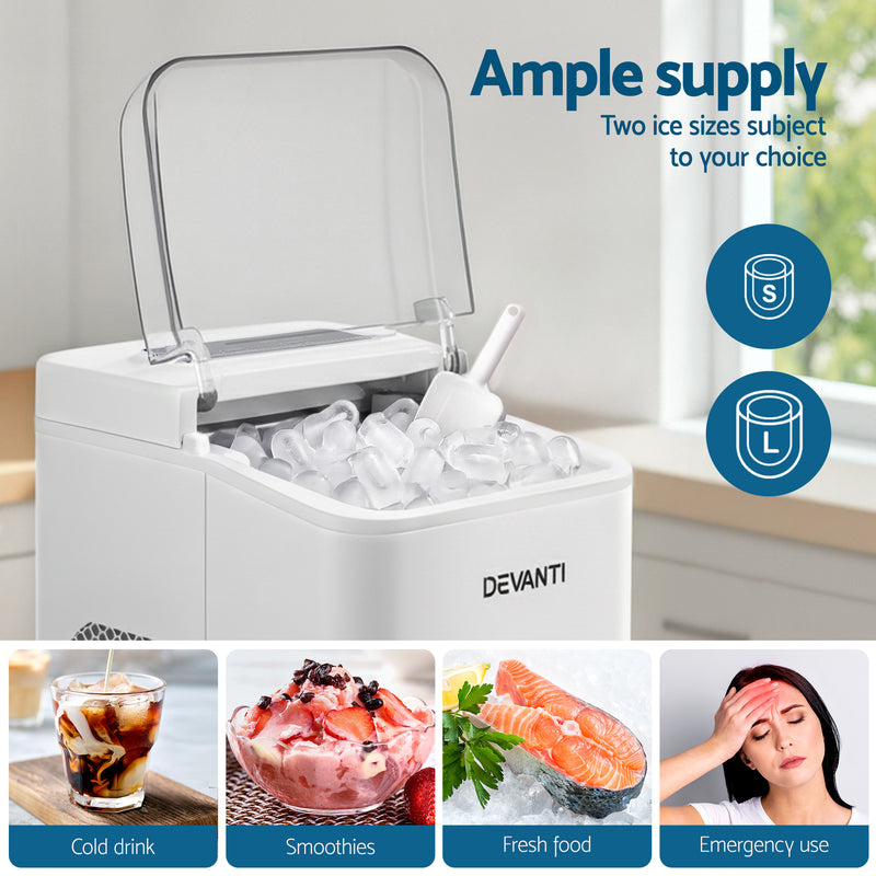 Danoz SmartAppliances, Devanti Ice Maker Machine Portable 12kg Countertop w/Self Cleaning 1.2L White