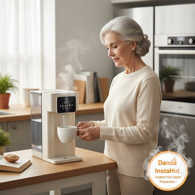 Woman using a Danoz InstaHot instant hot water dispenser in a kitchen.