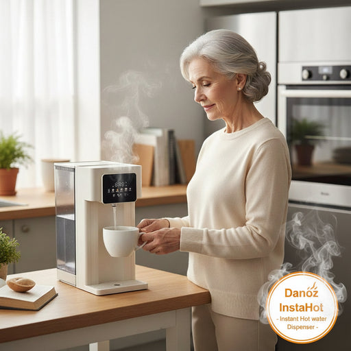 Woman using a Danoz InstaHot instant hot water dispenser in a kitchen.