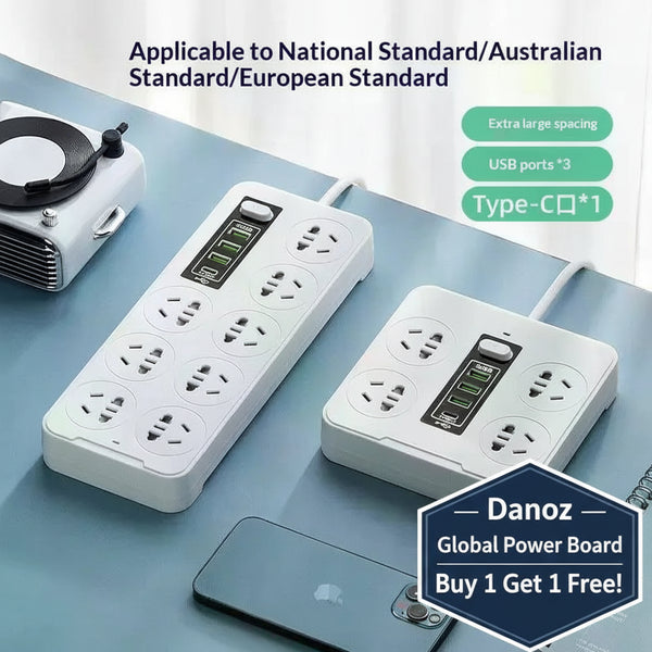 Two power strips with multiple outlets and USB ports on a blue surface.