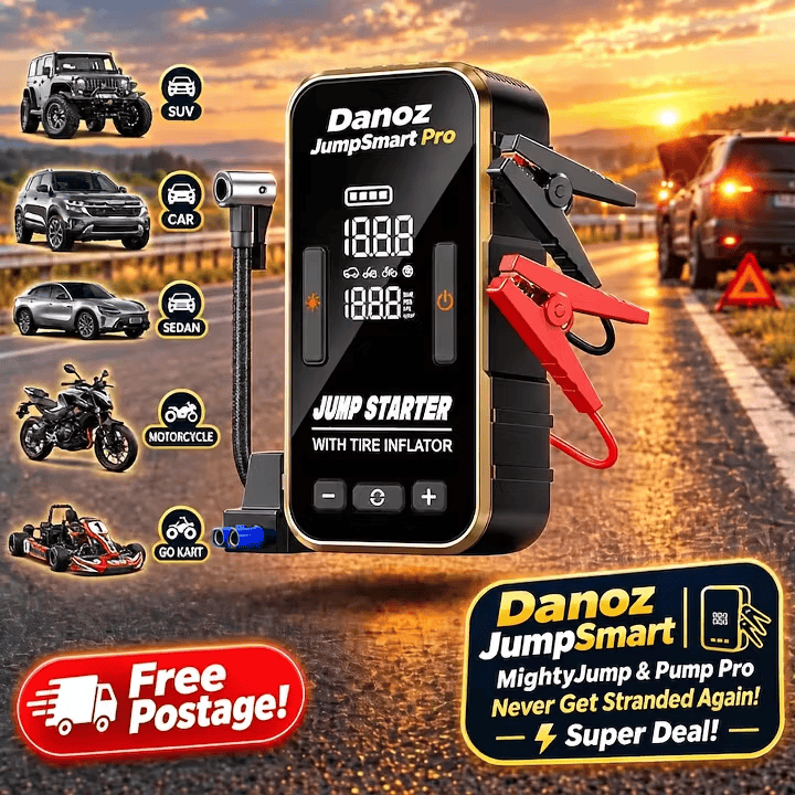 🚗 Danoz JumpSmart Pro | 12V Car Jump Starter & Air Compressor | Portable Tyre Inflator, Power Bank & SOS Light | Free Postage!