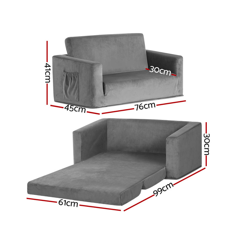 Danoz Kids - Keezi Kids Sofa 2 Seater Children Flip Open Couch Velvet Armchair Grey