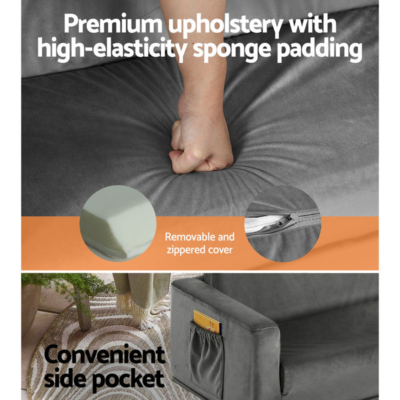 Danoz Kids - Keezi Kids Sofa 2 Seater Children Flip Open Couch Velvet Armchair Grey