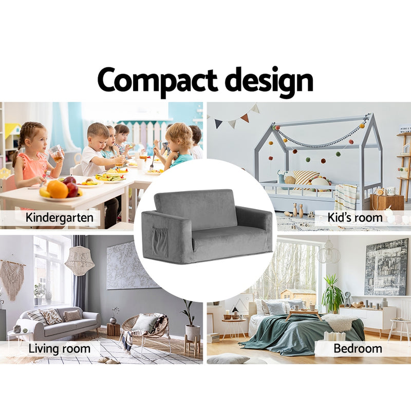 Danoz Kids - Keezi Kids Sofa 2 Seater Children Flip Open Couch Velvet Armchair Grey