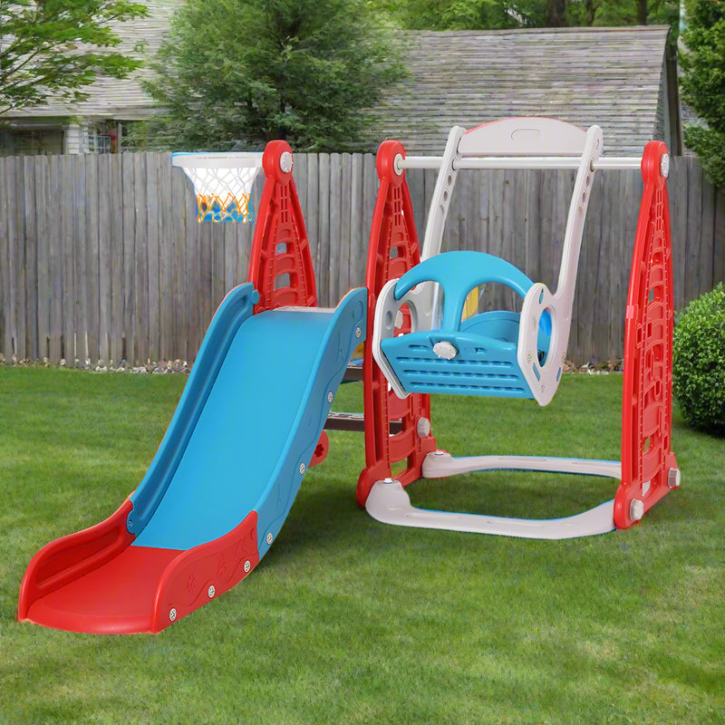 Danoz Kids - Keezi Kids Slide Swing Set Basketball Hoop Rings Football Outdoor Toys 140cm Red