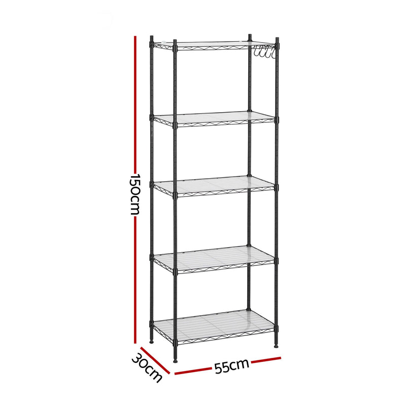 📦 Danoz StoreSmart | Artiss 5-Tier Metal Kitchen Rack Shelf | 55x30x150cm | 50kg Per Tier | Adjustable | Black