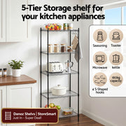 5-tier storage shelf in a kitchen with appliances and items on shelves, text overlay about capacity and features.