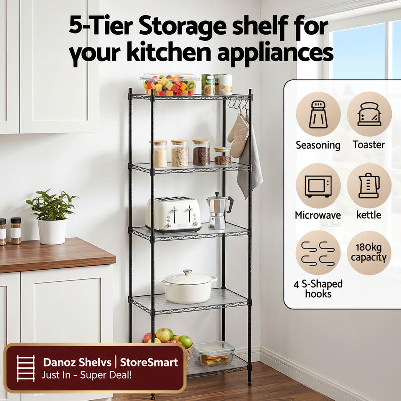 5-tier storage shelf in a kitchen with appliances and items on shelves, text overlay about capacity and features.