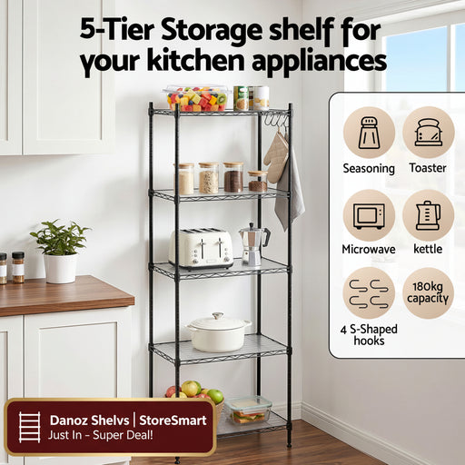 5-tier storage shelf in a kitchen with appliances and items on shelves, text overlay about capacity and features.