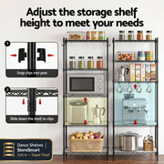 Multi-layer storage shelf with adjustable height, kitchen appliances, and food items on a white background.
