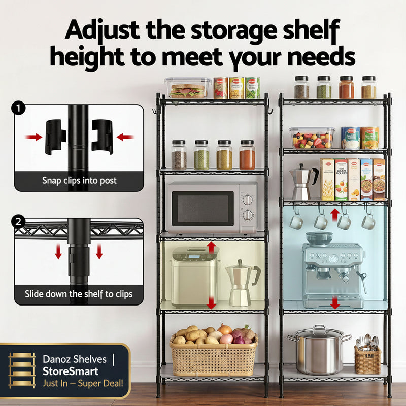 Multi-layer storage shelf with adjustable height, kitchen appliances, and food items on a white background.