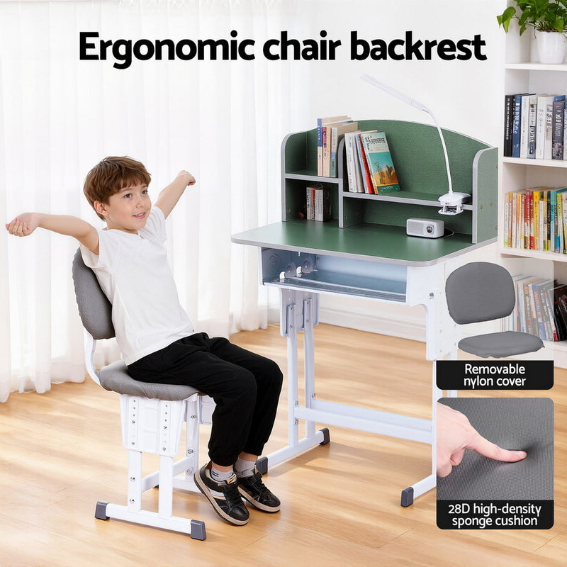 Keezi Kids Study Desk Chair Set Adjustable Ergonomic Table LED Lamp Green
