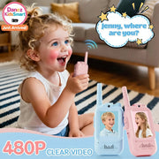 Child holding a toy walkie-talkie with 480p clear video feature, sitting on a striped rug.
