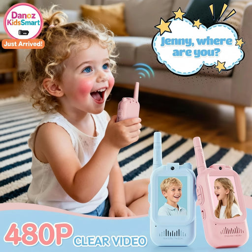 Child holding a toy walkie-talkie with 480p clear video feature, sitting on a striped rug.
