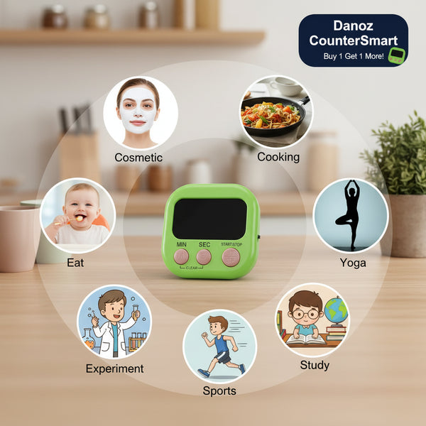 Green digital timer with various icons representing different activities on a white background