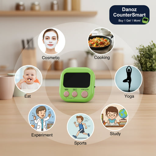 Green digital timer with various icons representing different activities on a white background