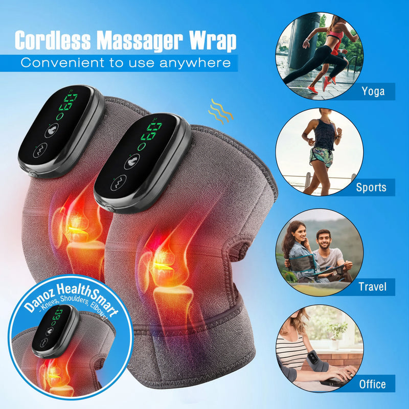 Cordless massager wrap with digital display on a blue background, showing usage scenarios like yoga, sports, travel, and office.