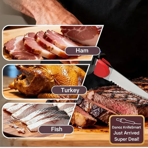 Person using a meat slicer with images of sliced ham, turkey, and fish on a cutting board.