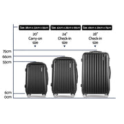 Three black suitcases with dimensions labeled on a white background