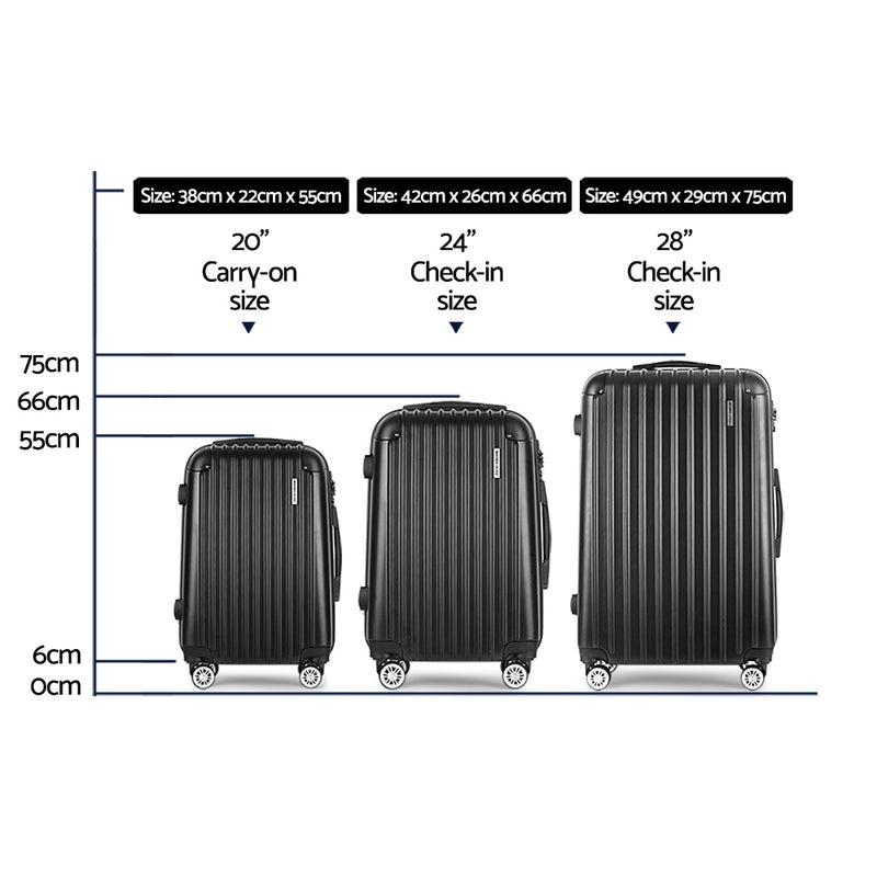Three black suitcases with dimensions labeled on a white background