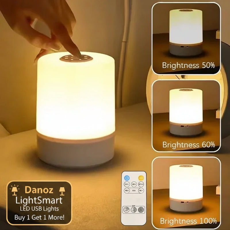 Smart night light with remote control and brightness display on a table.