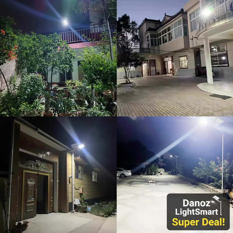 Collage of four images showing different views of a house at night.