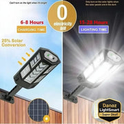 Solar light with charging and lighting time details on a wooden background