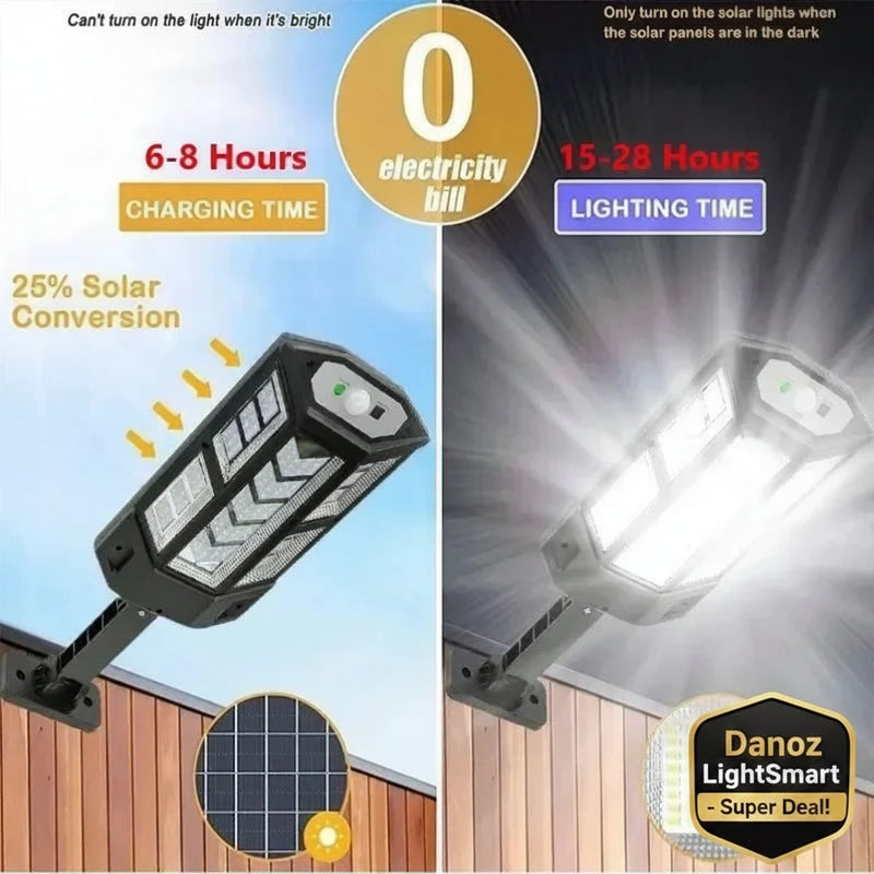 Solar light with charging and lighting time details on a wooden background