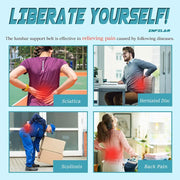 Advertisement for a lumbar support belt with images of people experiencing back pain and text highlighting its effectiveness.