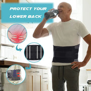 Man wearing a black lower back support belt in a kitchen, with text 'Protect Your Lower Back' and illustrations of the product.
