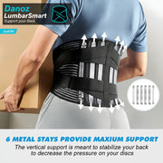 Person wearing a black back support belt with metal stays, holding a box.