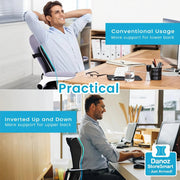 Collage of a man using an office chair with text on support for different back areas.
