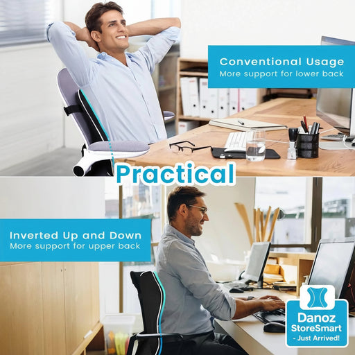 Collage of a man using an office chair with text on support for different back areas.