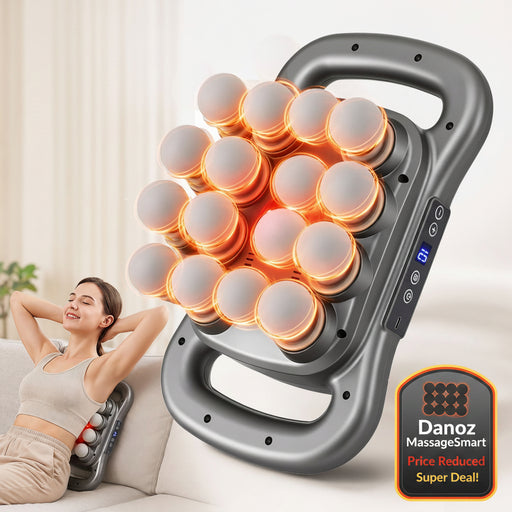 A gray handheld massage device with multiple glowing orange-red heat balls, shown alongside a woman relaxing on a couch and a close-up inset of the circular heated head with red light rings.