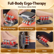 A promotional collage for a full-body ergo-therapy massage device, showing six panels with hands and feet using the device on different body areas: back of the thighs, front of the thighs, calves, feet, lower back, and glutes. The top text reads 'Full-Body Ergo-Therapy' and 'One Device, Infinite Relief.