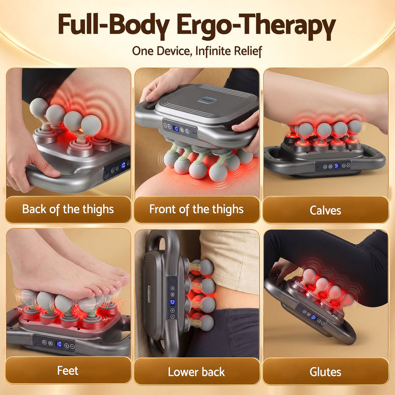 A promotional collage for a full-body ergo-therapy massage device, showing six panels with hands and feet using the device on different body areas: back of the thighs, front of the thighs, calves, feet, lower back, and glutes. The top text reads 'Full-Body Ergo-Therapy' and 'One Device, Infinite Relief.