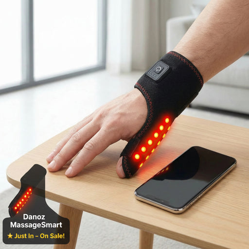 Hand wearing a black wrist brace with red lights on a wooden table, next to a smartphone.